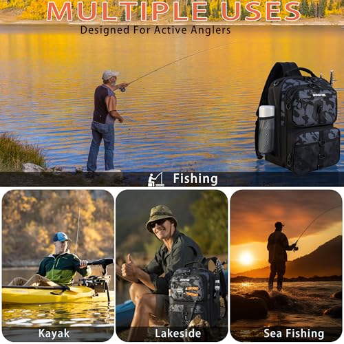 Fishing Backpack with Fish Rod & Lures Kit Lightweight 25L Tackle Bag with Fishing Gear and Tackle Boxes (Black Camo Backpack)