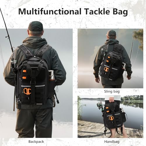 Convertible Fishing Backpack Sling Bag with Rod Holder (Black / Large)