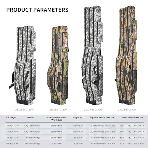 Portable 3 Layers Fishing Pole Bag Durable Oxford Folding Fishing Rod Reel Carry Case Tackle Storage Bag Case Waterproof Camouflage Travel Fishing Carrier (Grey Camouflage / 59in)