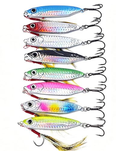 Metal Fishing Jigs Saltwater Fishing Lure 30g Jigs 1.1oz Vertical Jigging Lure 8 Pack Sinking Fishing Spoon Lure Casting Jig Vertical Jigging Spoon Lures for Bass
