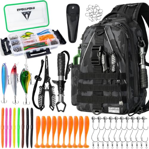 Fishing Backpack with 3600 Tackle Box Fishing Gear Set Tackle Bag (Black Camouflage Set)