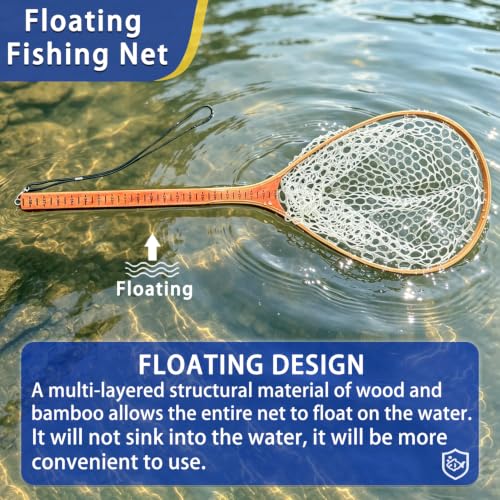 Fly Fishing Landing Net Trout Soft 23.62in Rubber Catch and Release Fish Net with Wooden Handle Frame Magnetic Fly Fish Net