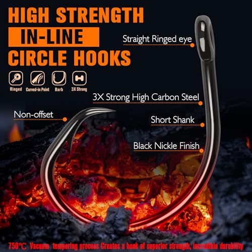 Circle Hooks Saltwater 3X Strong Circle Fishing Hooks for Catfish in (10/0-20pcs)