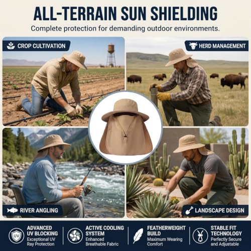 Men's Fishing Hat Sun Hat 2 Pack Boonie Hats UPF 50+ Wide Brim Outdoor Work Hats with Breathable Mesh & Chin Strap for Farming (Black+khaki)