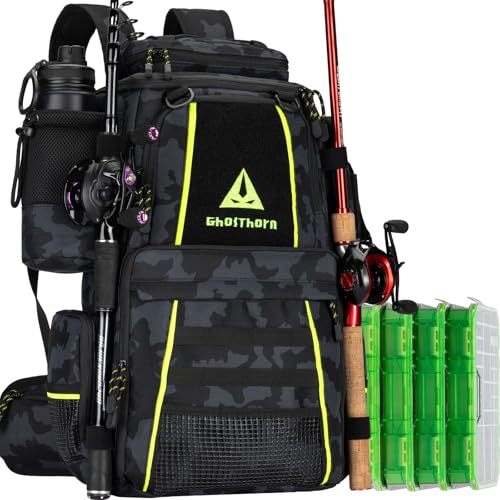 43L Fishing Tackle Backpack with 4 Tackle Boxes & Rod Holder (With 3600*4 Black Camouflage (43l))