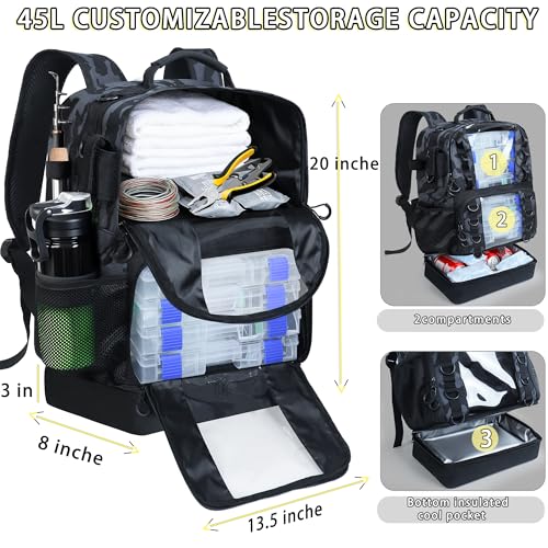 Fishing Backpack with Tackle Boxes (Camouflage Black(with Fishing Gear))