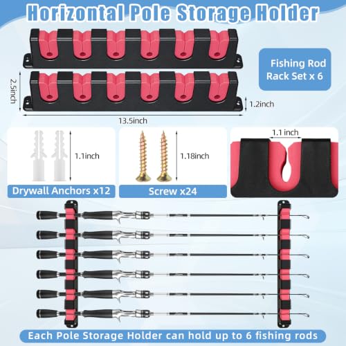 6 Set Fishing Rod Holders for Garage Wall Mount Pole Racks (Horizontal)