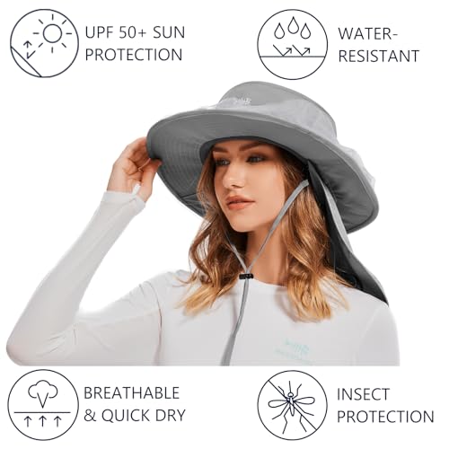 UPF 50+ Mosquito Net Hat with Stowable Neck Flap for Men Women Outdoor Fishing Hiking Camping Gardening FH17 Light Grey (Medium / Light Grey)