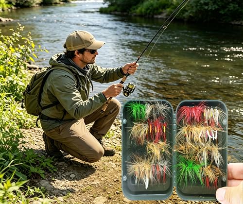 Fly Fishing Flies Nymphs for Fly Fishing Trout Lures with Magnetic Fly Box (64pcs flies kit)