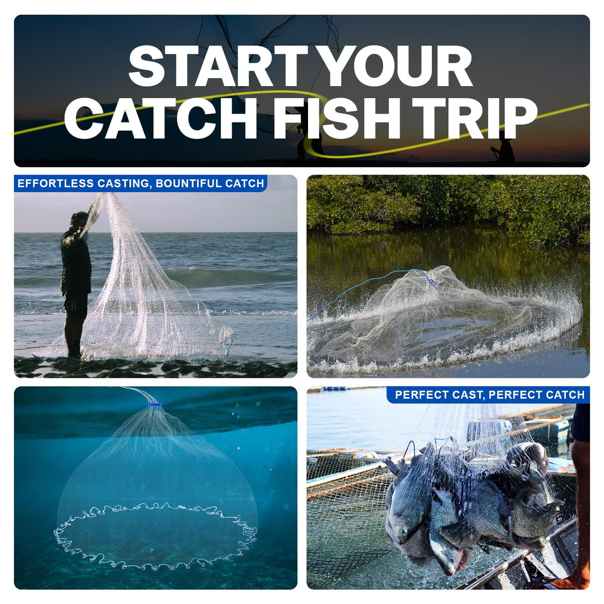 Fishing Cast Net Saltwater Freshwater (4FT Radius / A:3/8"mesh,0.75lb Lead Sinker)