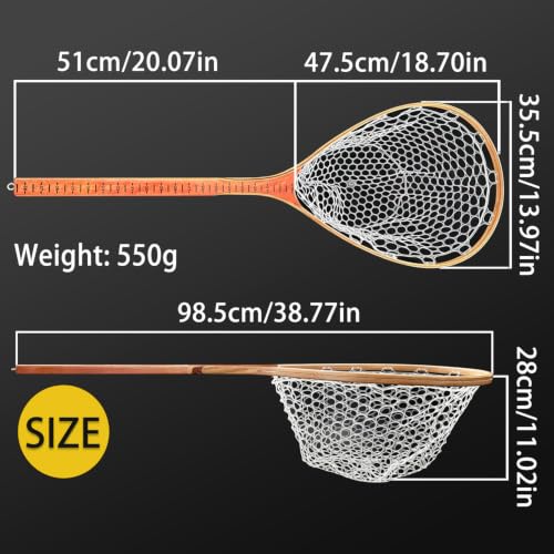 Fly Fishing Landing Net Trout Soft 23.62in Rubber Catch and Release Fish Net with Wooden Handle Frame Magnetic Fly Fish Net