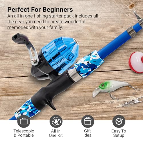 Beginner Kids Fishing Pole & Tackle Box (Blue / 1.2m or 3.9FT)