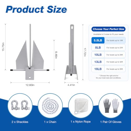 5.5/8/10/13/18 Zinc-Nickel Fluke Boat Anchor Kit, Danforth Anchor with Rope (5.5 lb (For Boat 8-18Ft))