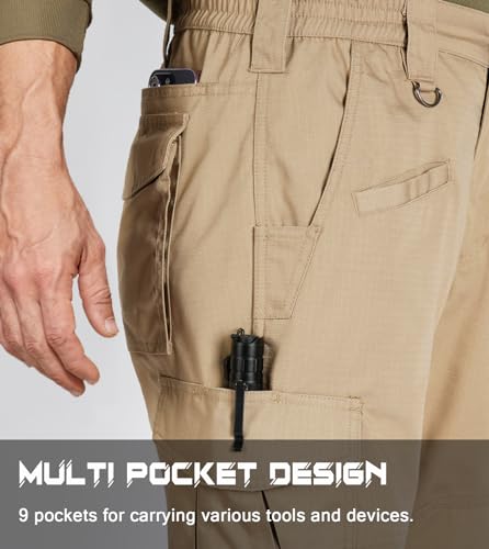 Mens Tactical Pants Lightweight Ripstop Cargo Work Pants Waterproof Hiking Military Army Pants with Pockets Outdoor Apparel Dark Khaki 44Wx30L (Dark Khaki / 44W x 30L)