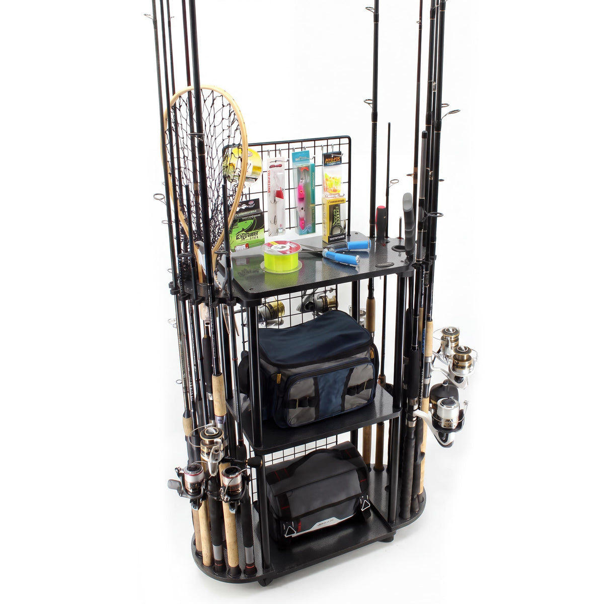 18 Rod Rolling Fishing Storage Cart (Black / 18-Rod tackle cart)