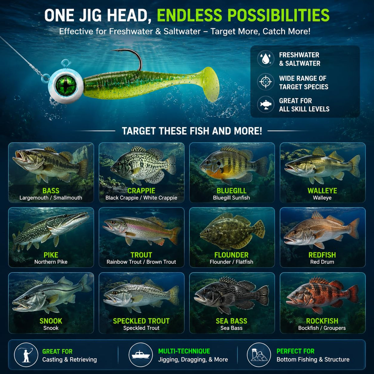 Jig Heads Fishing Hooks Kit with 3D Eyes Multi Size for Bass Panfish Lures (70pcs-1/32oz,1/16oz,1/8oz,3/16oz)