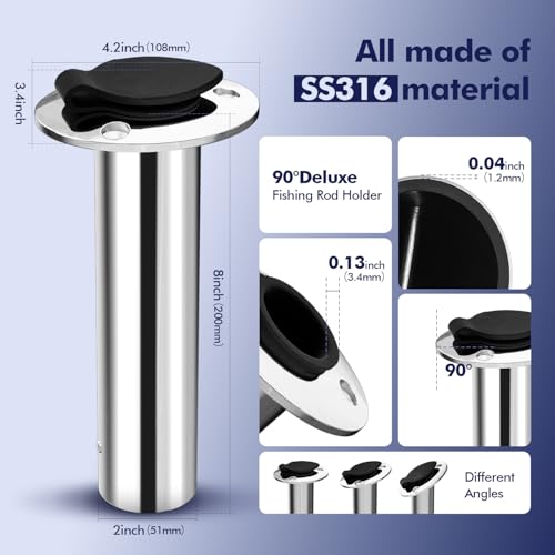 Boat Stainless Steel 316 Fishing Rod Holder (Silver - Black Insert / 90 Degree with Cap)
