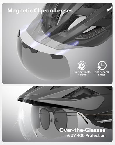 Adult Bike Helmet Rear Light & OTG Magnetic Goggles for Men Women (Black / Medium)