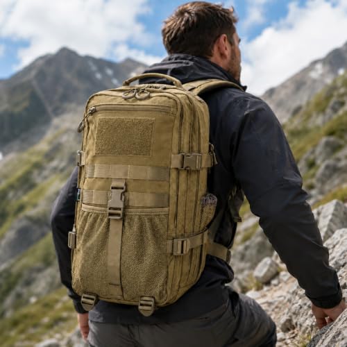Military Tactical Backpack for Men 25L Molle Hiking Daypack (Coyote Brown)