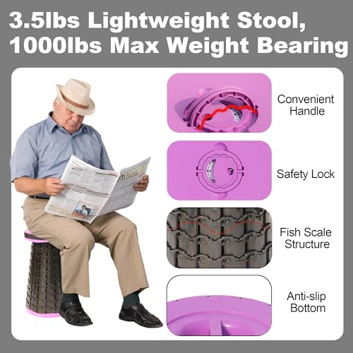 Upgraded 19.7" Portable Collapsible Folding Stool Retractable Telescoping Foldable Stool for Adults Heavy Duty Camping Sturdy with Max Load Capacity 1000lbs for Outdoor Fishing Hiking BBQ (Light Purple / XX-Large)