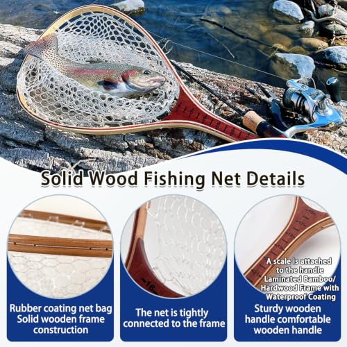 Fly Fishing Landing Net Trout Soft 23.62in Rubber Catch and Release Fish Net with Wooden Handle Frame Magnetic Fly Fish Net