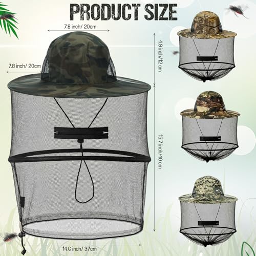 8 Pcs Mosquito Head Net Hat Sun Hat Mesh Fishing Bucket Cap Garden Bug Cap Face Cover with Zipper for Men Women (Camo Colors)
