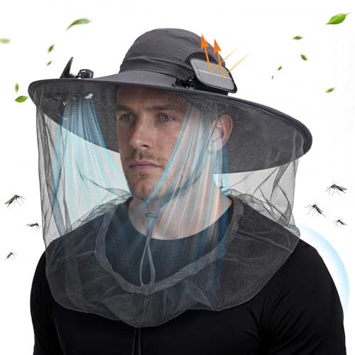 Mosquito Hat with Net 2 Solar Fan Wide Brim Bug Sun Hat Netting UPF 50+ for Fishing Hiking Garden