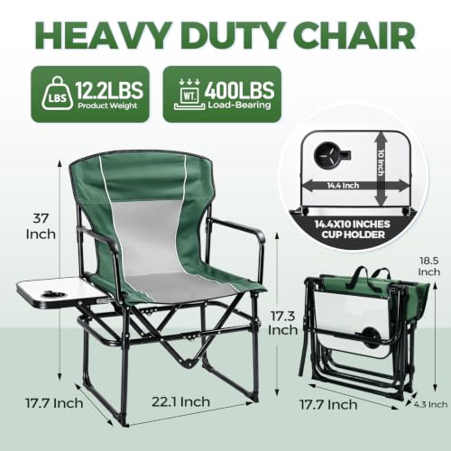 2 Pack Camping Chairs with Side Table & Cup Holder 400 lbs (Green)