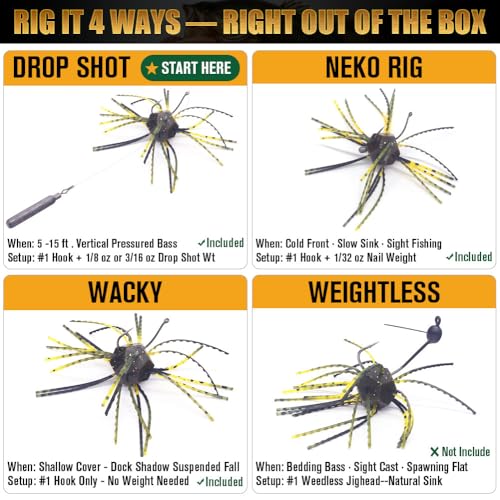 Fuzzy-Dice-Bass-Fishing-Lure-Kit-Soft-Plastic-Cube-Baits with Wacky Hooks & Nail Weights,Drop Shot Weights - Finesse Rig for Smallmouth & Largemouth Bass, FFS Optimized