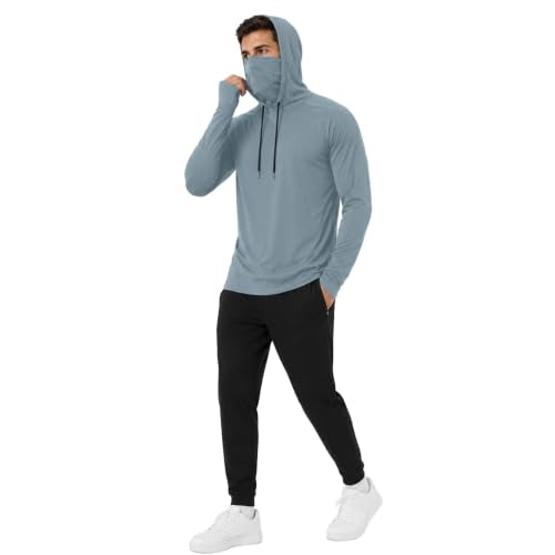 3 Pack Mens Fishing Shirt Sun Protection Hoodie with Face Mask (Large / 3 Pack : Black Grey Navy)