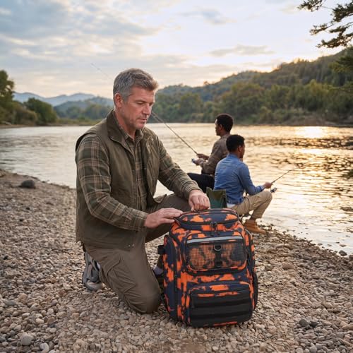 45L Fishing Backpack with Rod Holders & Built (Black and Orange Graffiti)