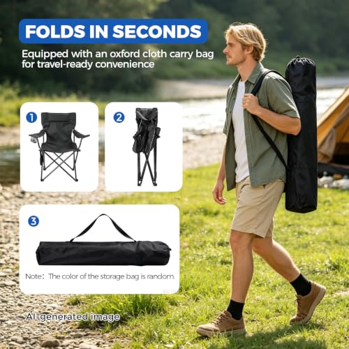 Camping Chairs 2Pack Beach Outdoor Chair for Adults Folding Lawn Chair with Cup Holder (Black)