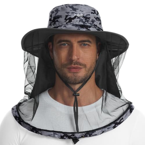 Unisex UPF 50+ Mosquito Net Hat with Neck Flap FH17 (Large / Storm Camo)