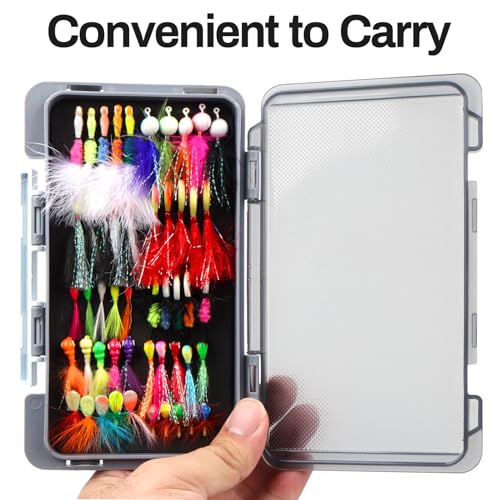 Ice Fishing Jigs Kit 100pcs Lures Bait Icefishing Set Crappie Jig Hooks Gear Accessories for Walleye Panfish with Tackle Box Gifts for Men (50pcs Fly Ice Jig with Lure Box)