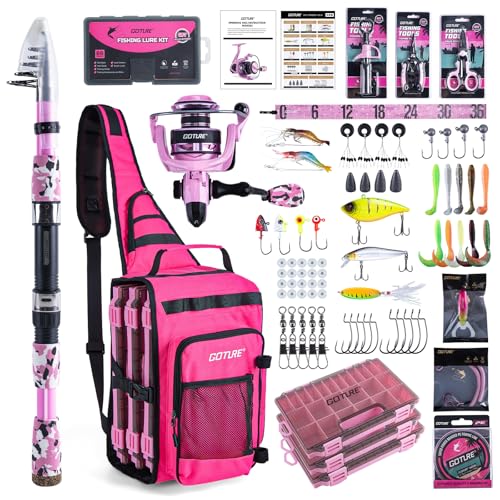 OpenSide Tactical Sling Tackle Bag with Pink Fishing Rod and 3 Tackle Trays (Pink Pole - Sling Bag with 3600 Trays / 7FT/2.1M)