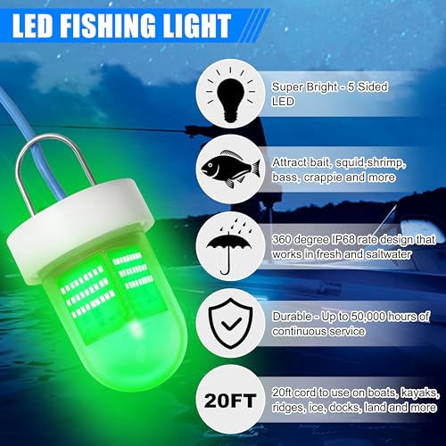Underwater Green Fishing Light Super Bright 80W 40000 Lumens 12V LED Deep Drop Night Fishing Light Submersible Fishing Bait Finder Shrimping Lights for Snook Crappie Shrimp Squid Fish (16.4ft Wire)