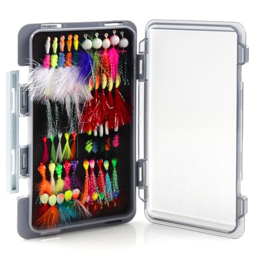 Ice Fishing Jigs Kit 100pcs Lures Bait Icefishing Set Crappie Jig Hooks Gear Accessories for Walleye Panfish with Tackle Box Gifts for Men (50pcs Fly Ice Jig with Lure Box)