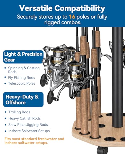 Fishing Rod Holder Pole Rack for Garage with Wheels (Natural Wood Grain)