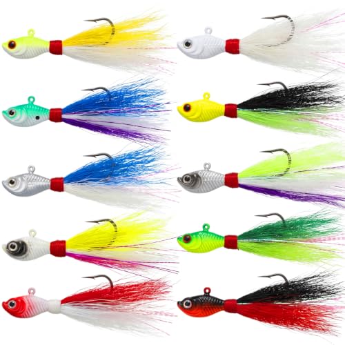 10 Pcs Bucktail Jigs Saltwater Hair Jig Fishing Lures (3 oz)
