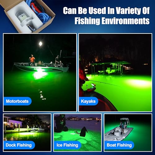 Underwater Green Fishing Light Super Bright 80W 40000 Lumens 12V LED Deep Drop Night Fishing Light Submersible Fishing Bait Finder Shrimping Lights for Snook Crappie Shrimp Squid Fish (16.4ft Wire)