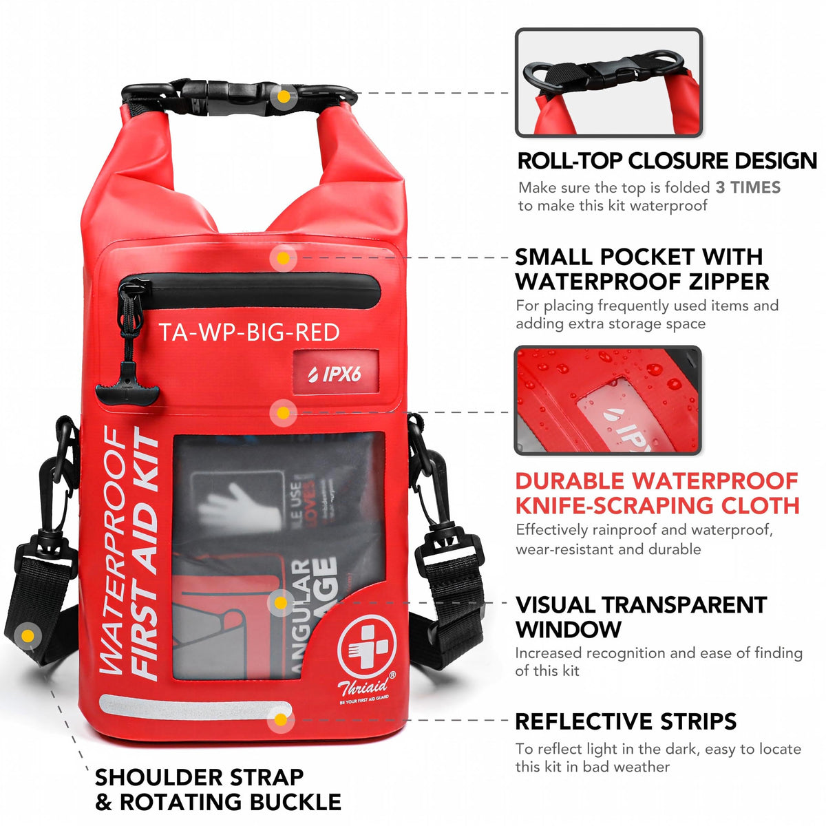 250 PCS Water‑Resistant First Aid Kit (Red / 250 Piece Roll Top Bag)