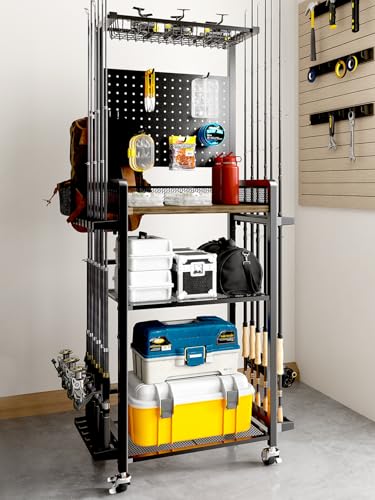 Fishing Rod Holders for Garage (Black / Standard with wheels)