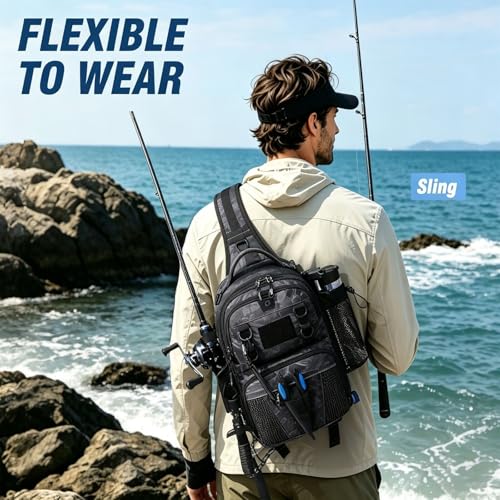 Fishing Bag with Tackle Boxes (Black Camo（Included Fishing Tools Kit）)