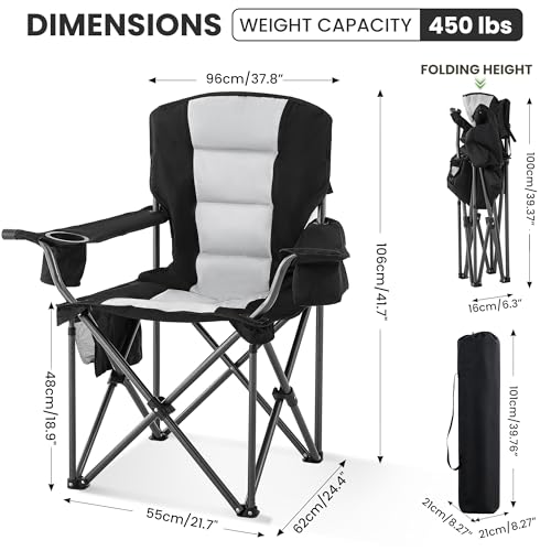 Oversized Camping Chairs for Adults 2 Pack Heavy Duty 450LBS Thick 600D Oxford Fabric Outdoor Folding Camping Chairs with Cup Holder and Ice Bag for Sports (Black & Light Gray)
