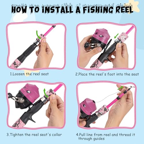 Kids Fishing Pole Set (Pink Pole Set with Folding Stool / 4.9 ft)