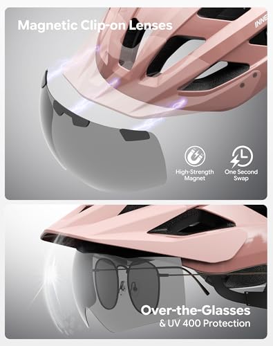 Adult Bike Helmet Rear Light & OTG Magnetic Goggles for Men Women (Pink / Medium)