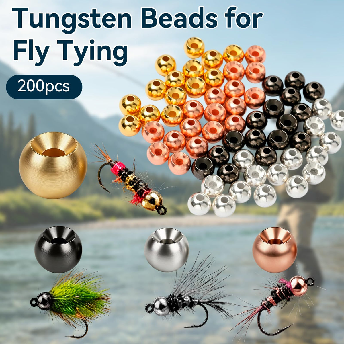 200pcs Fly Tying Tungsten Beads Nymph Tungsten Bead Heads for Jig Flies (200PCSMIX / 2.0MM)