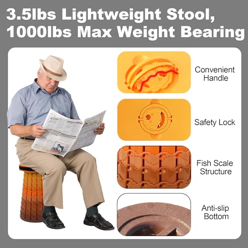Upgraded 19.7"Portable Collapsible Folding Stool with Cushion Retractable Telescoping Foldable Stool for Adults Heavy Duty Camping Sturdy with Max Load Capacity 1000lbs for Outdoor Fishing Hiking BBQ (Fire / XX-Large)