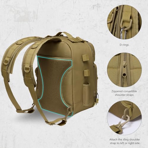 Convertible Fishing Backpack Sling Bag with Rod Holder (Brown Khaki / Standard)