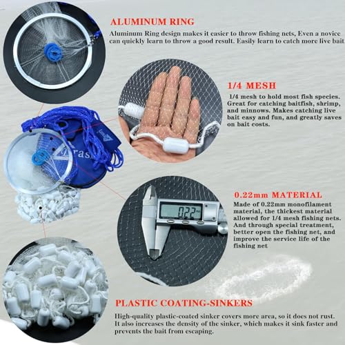 Fishing Cast Net with Aluminum Ring and Bag 3 (6 FT Radius)